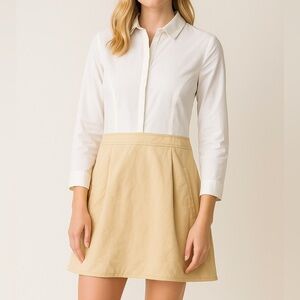 A/X Armani Exchange Business Casual Button Down Long Sleeve Mini Dress Tan White